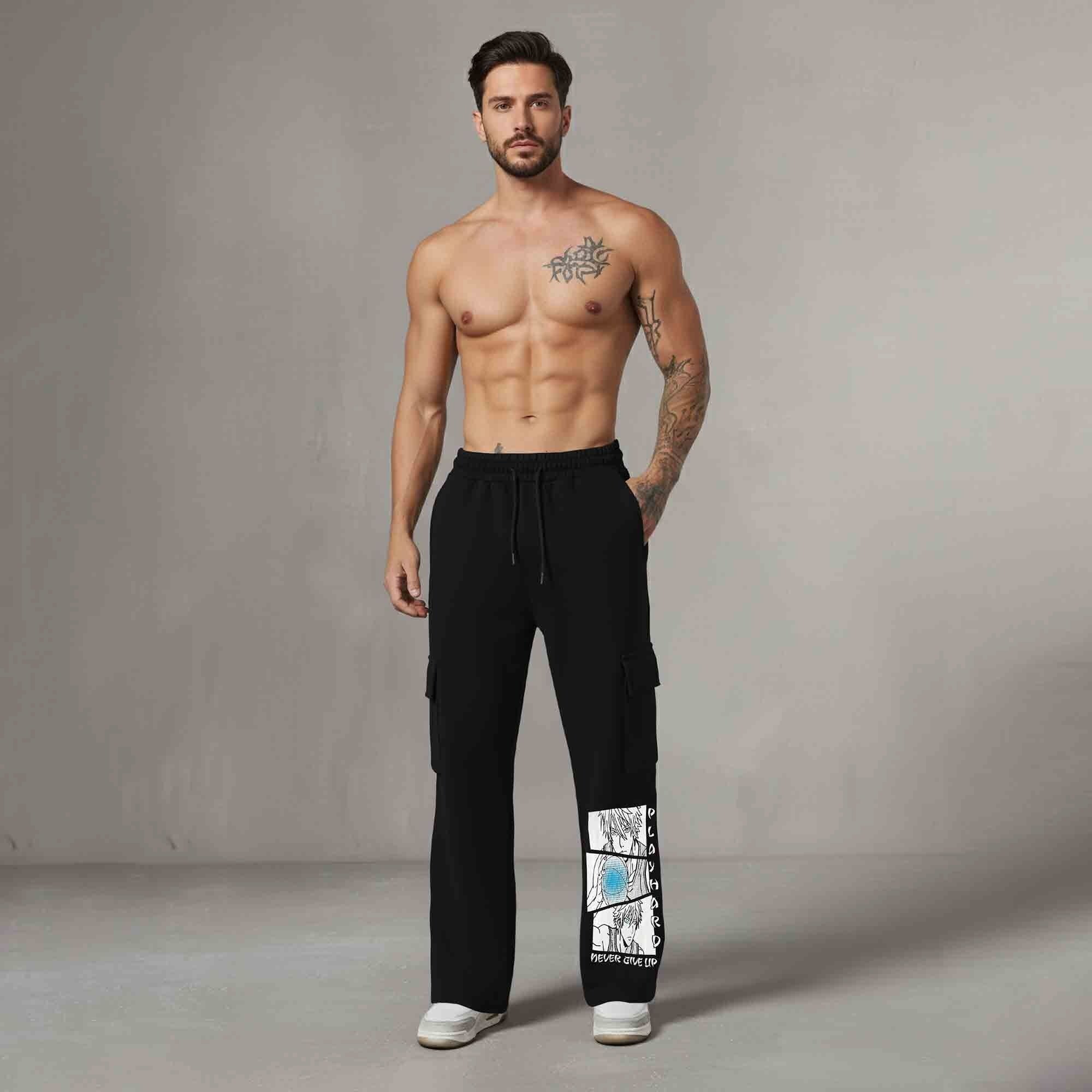 Men Multi Pockets Anime Printed Baggy Cargo Black